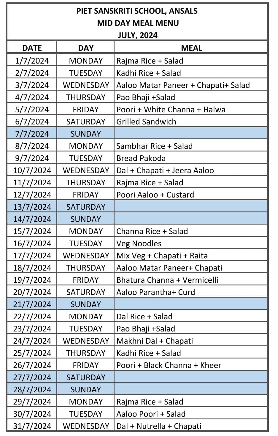 Meal Chart Piet Sanskriti School Meal Chart Piet Sanskriti School