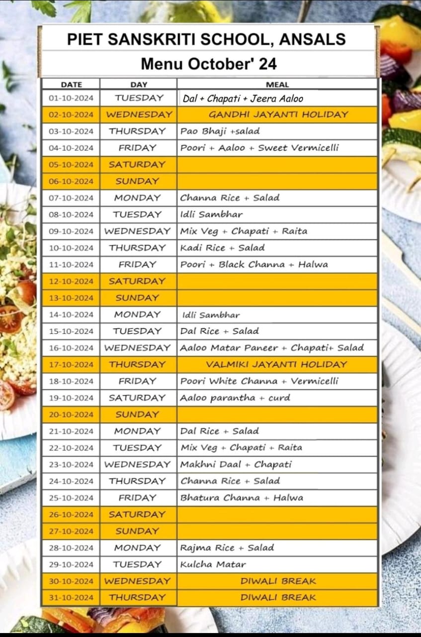Meal Chart Piet Sanskriti School Meal Chart Piet Sanskriti School